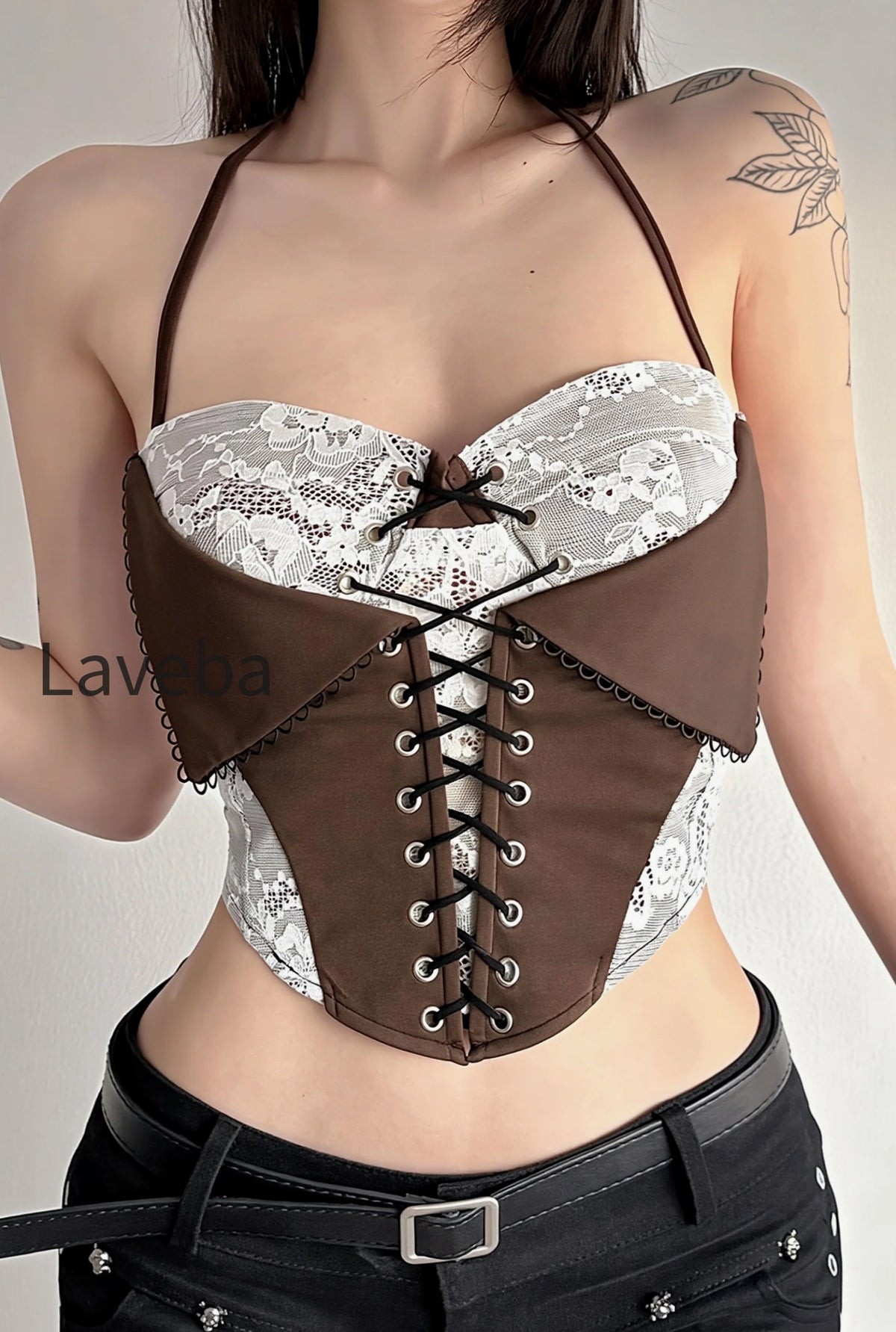 chic-color-block-lace-insert-tie-waist-backless-halter-top
