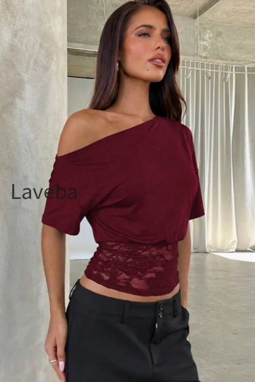asymmetric-off-shoulder-lace-waist-slim-crop-t-shirt